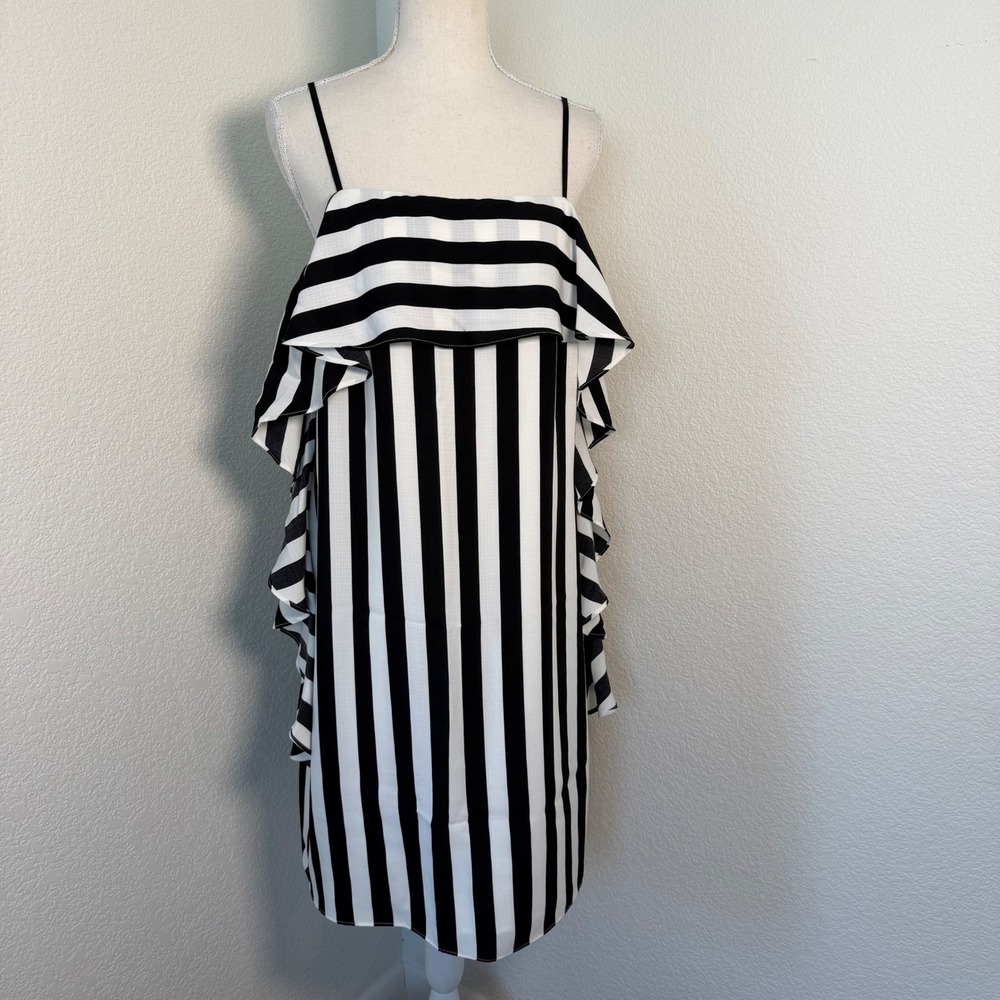 Nicole‎ Miller Ruffle Shift Dress Womens 10 Black White Striped Cold Shoulder